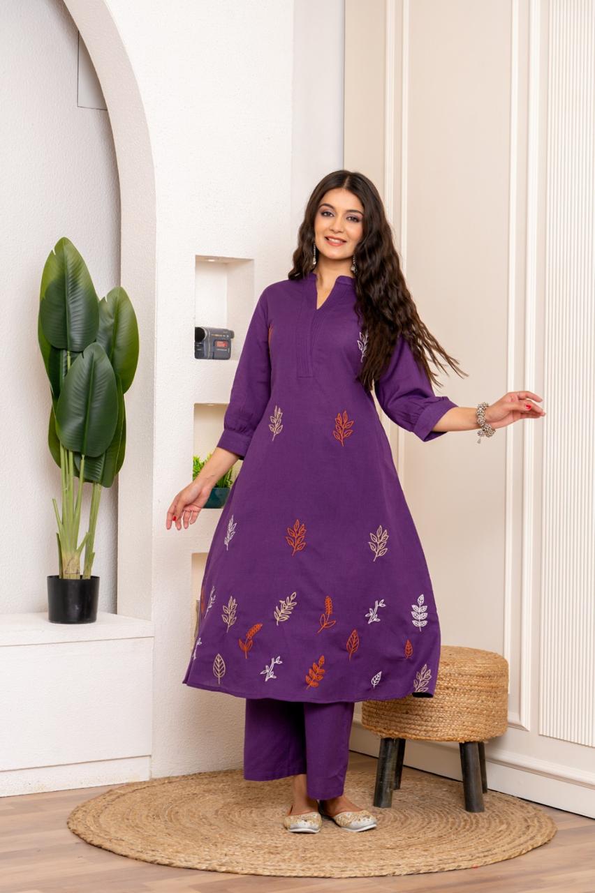 Flex cotton embroidered kurta pant in purple