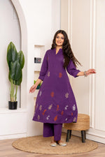 Flex cotton embroidered kurta pant in purple