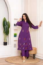 Flex cotton embroidered kurta pant in purple
