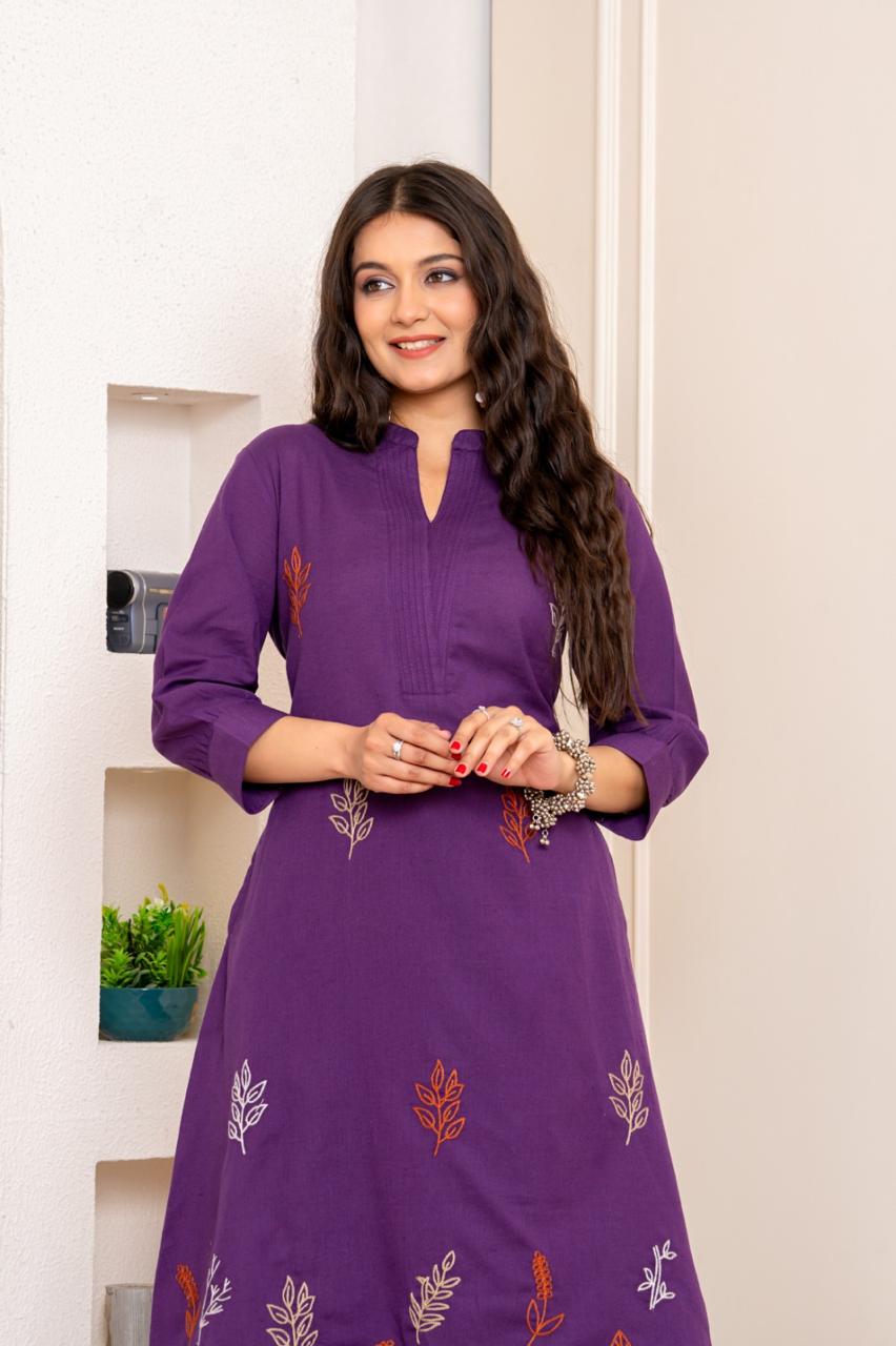 Flex cotton embroidered kurta pant in purple