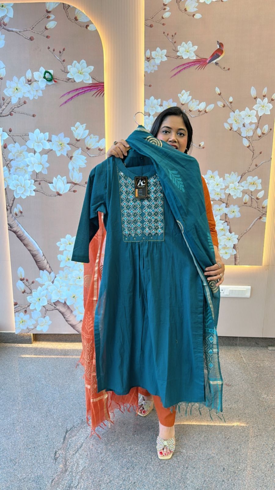 Beautiful rama pittan dress with gold Zari dupatta