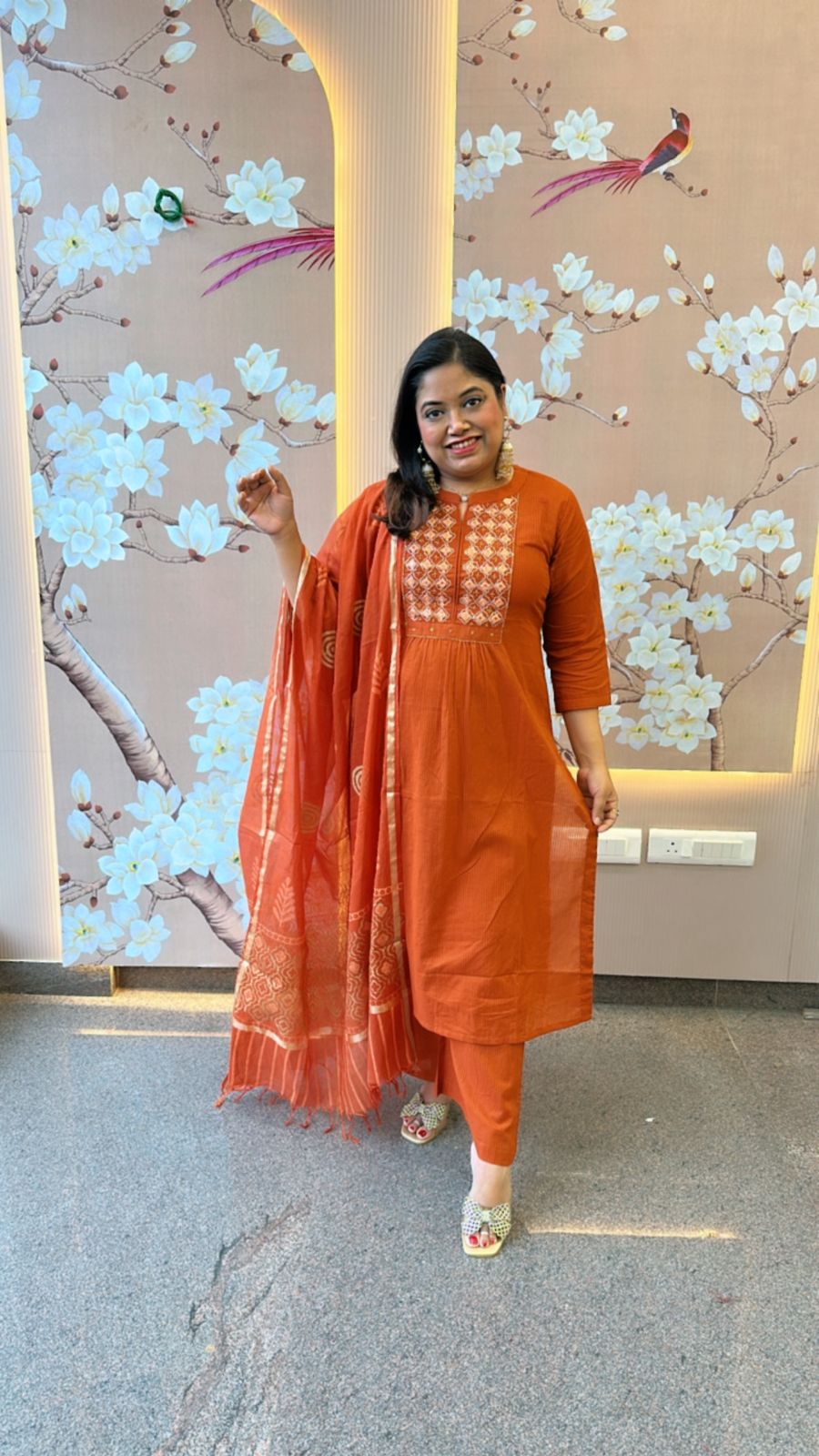 Beautiful rust Pittan dress with gold Zari dupatta