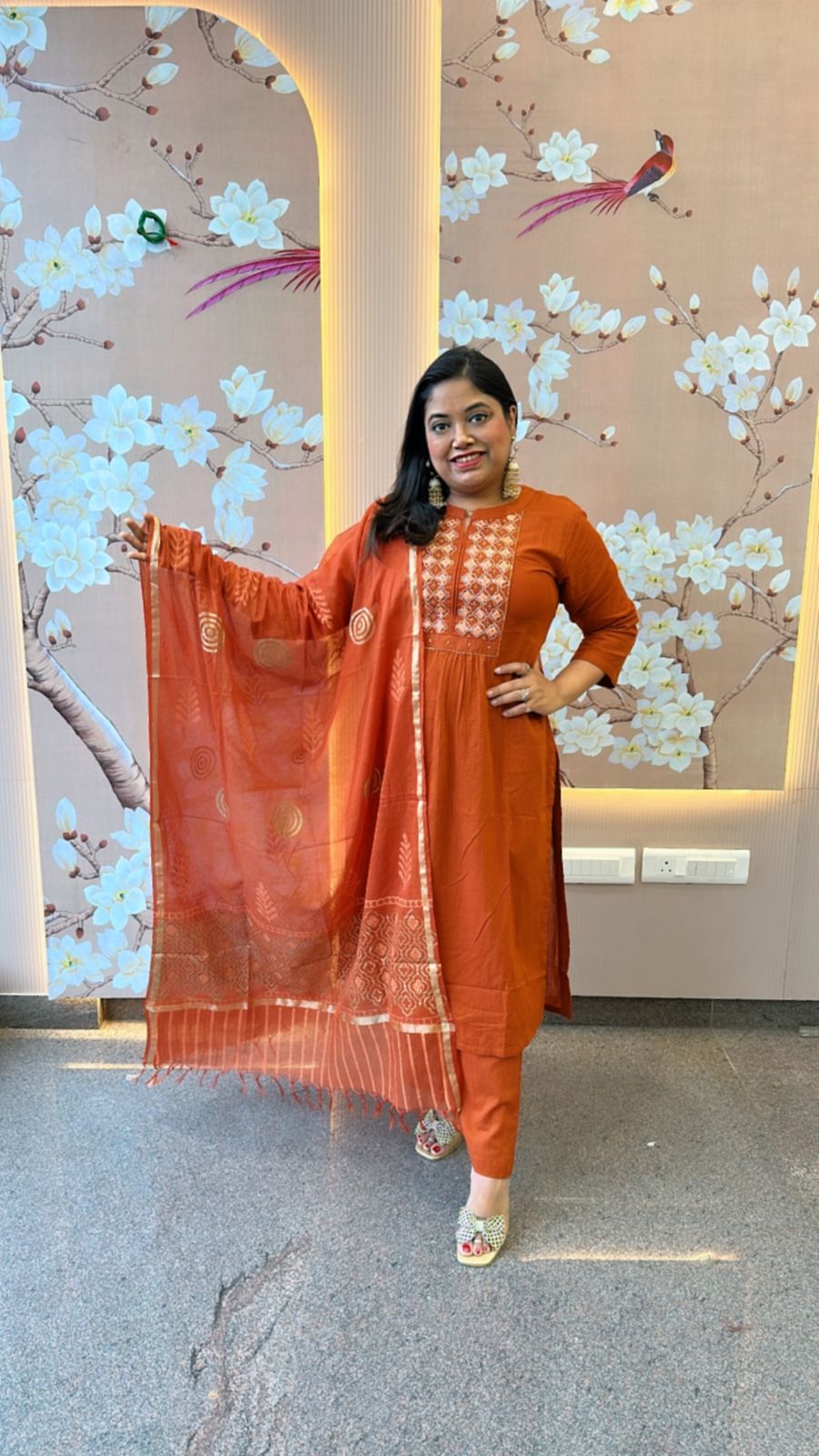 Beautiful rust Pittan dress with gold Zari dupatta