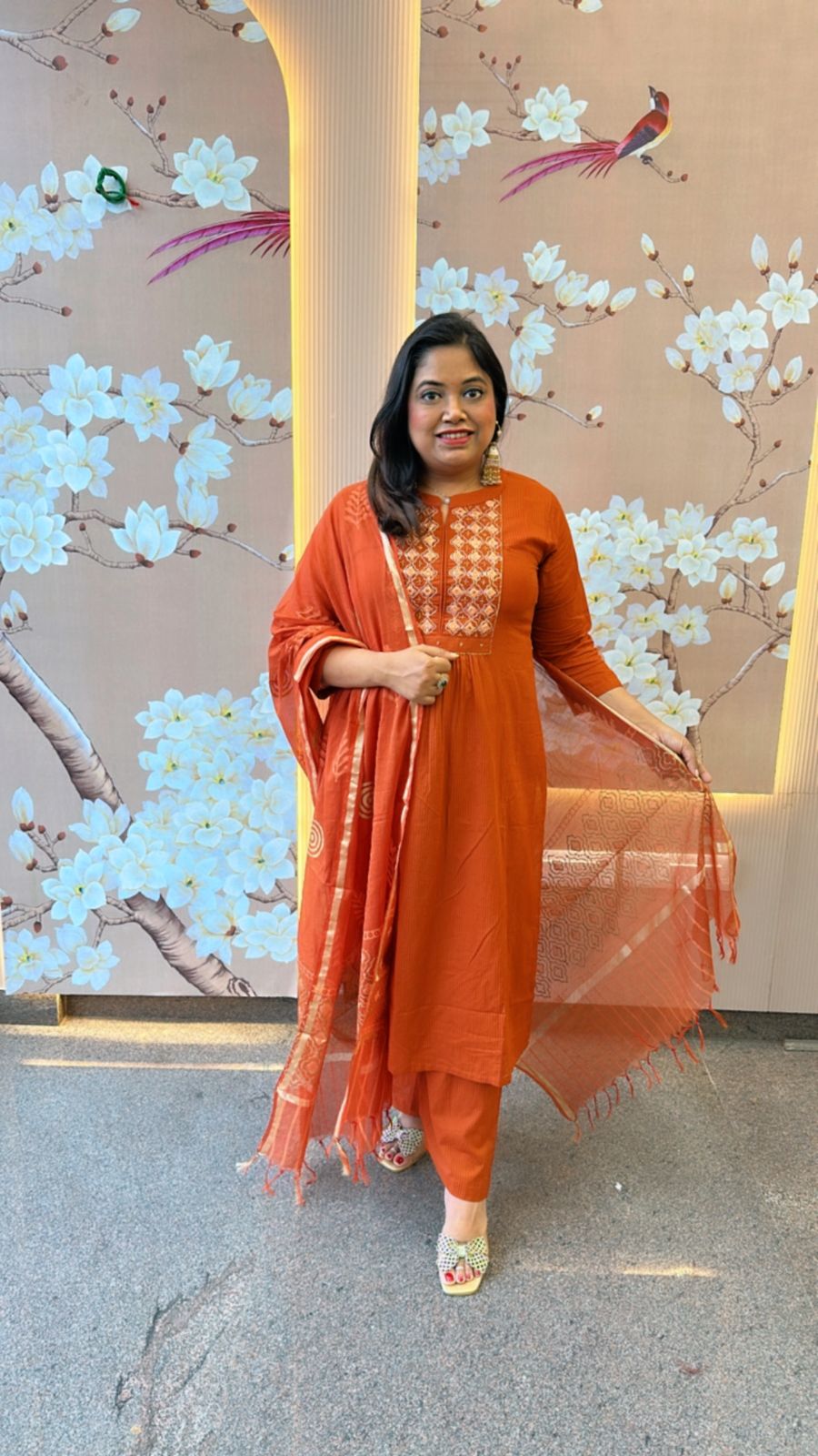 Beautiful rust Pittan dress with gold Zari dupatta