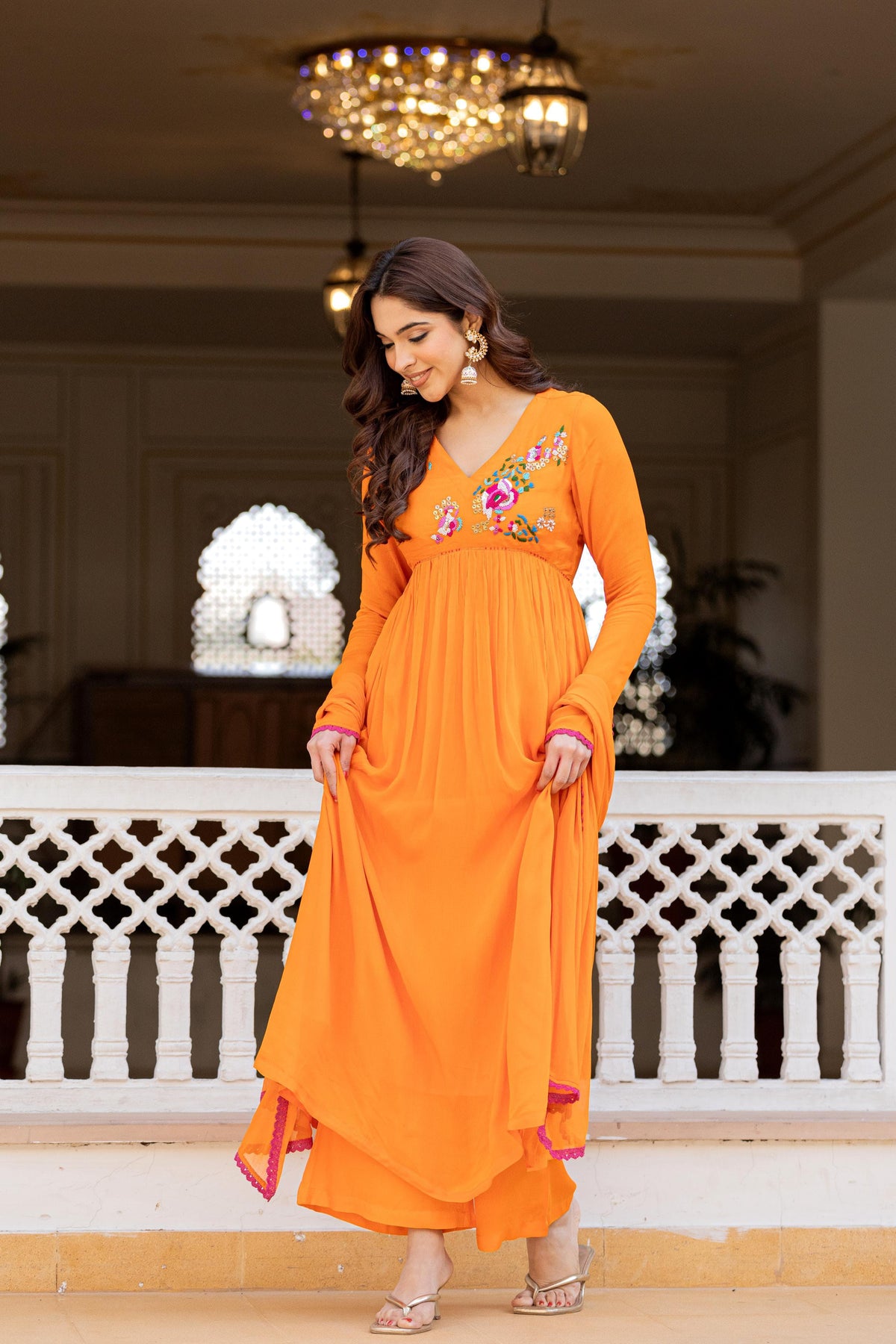 Pure chinon fully embroidered Churi sleeveless suit set