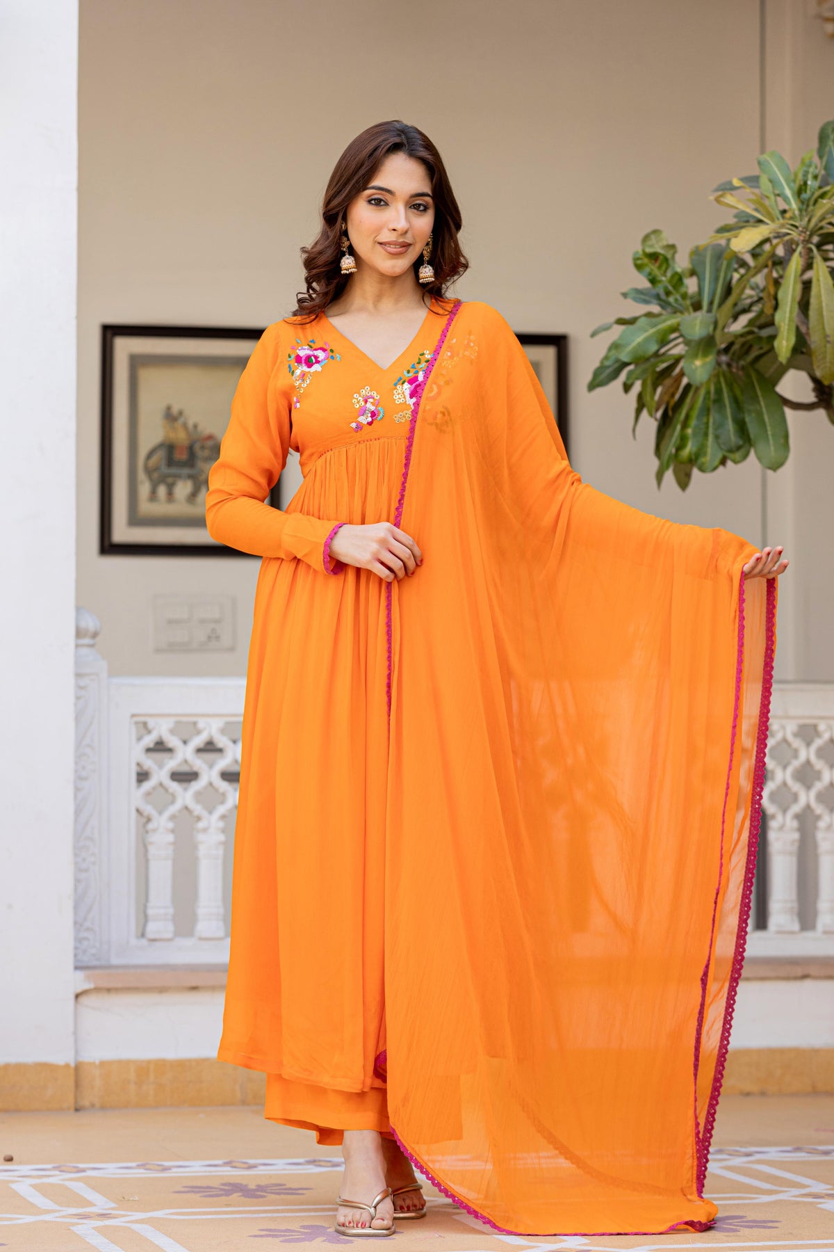 Pure chinon fully embroidered Churi sleeveless suit set