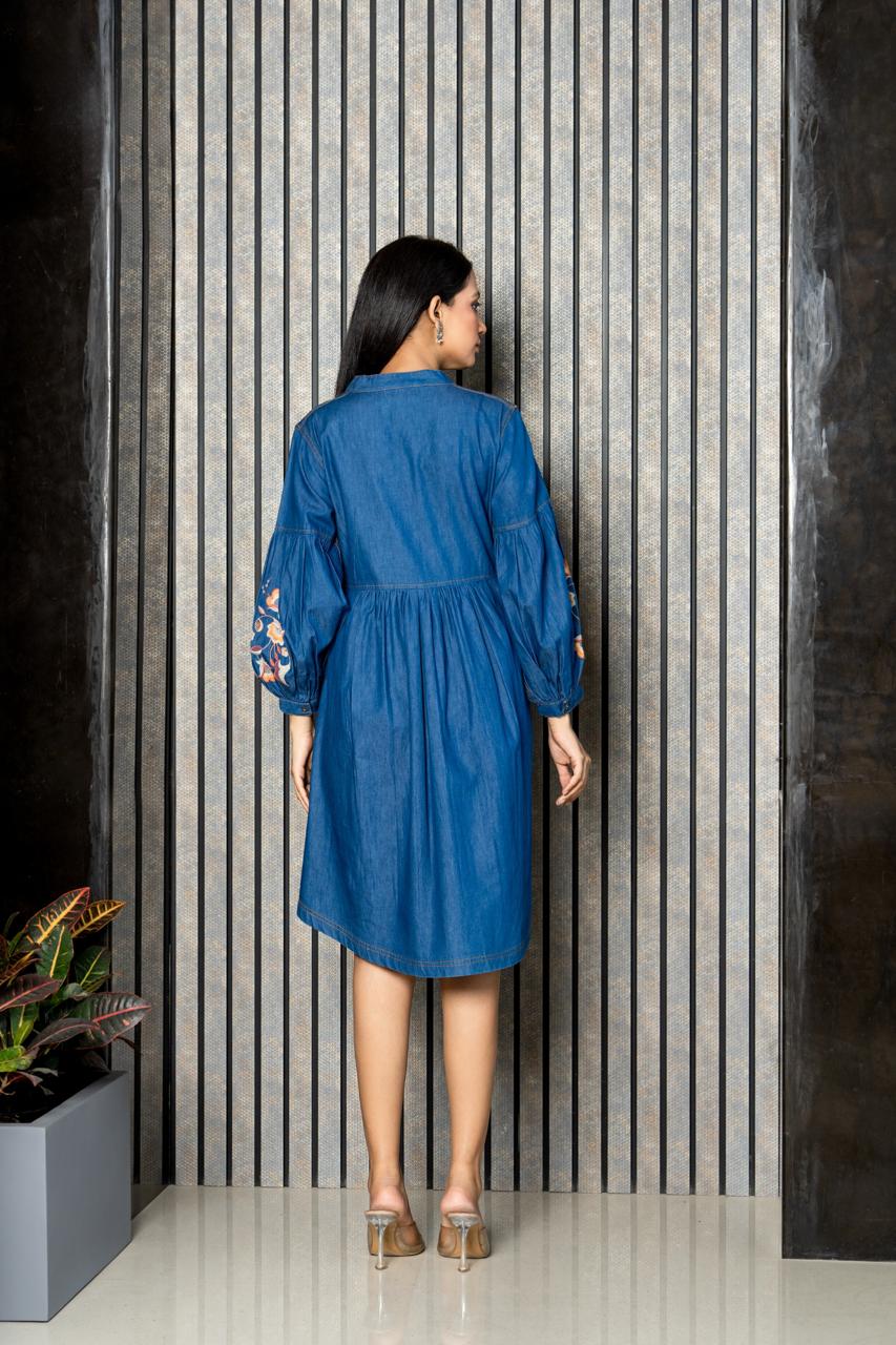 Denim cotton embroidered dress