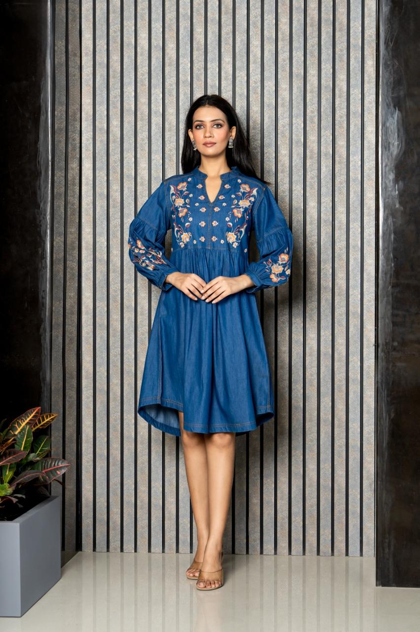 Denim cotton embroidered dress
