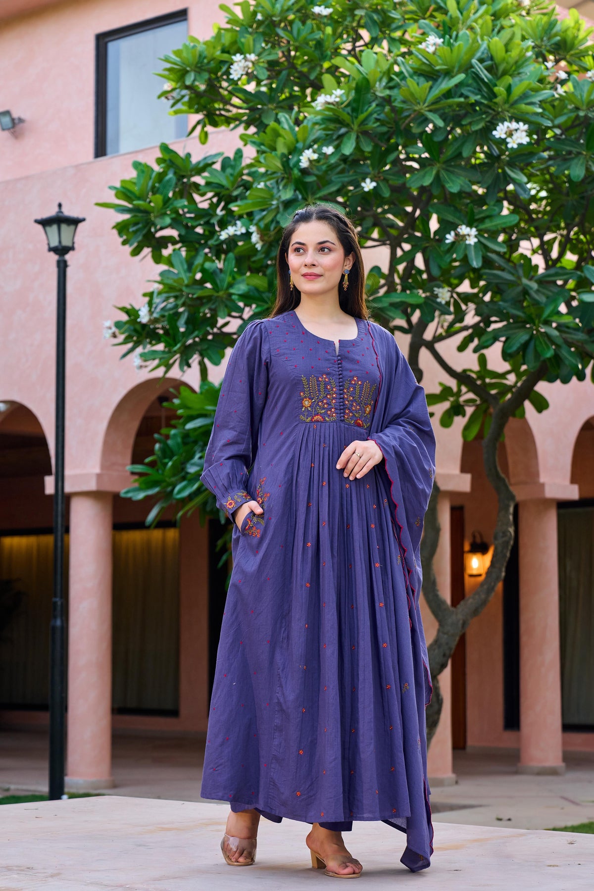 Pretty pretty Mul cotton embroidered with designer pocket suit set