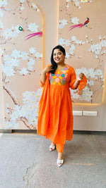 Appliqué work & lining Mul Chanderi suit set in orange