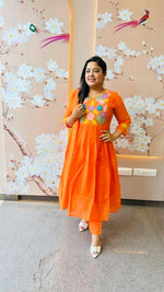 Appliqué work & lining Mul Chanderi suit set in orange