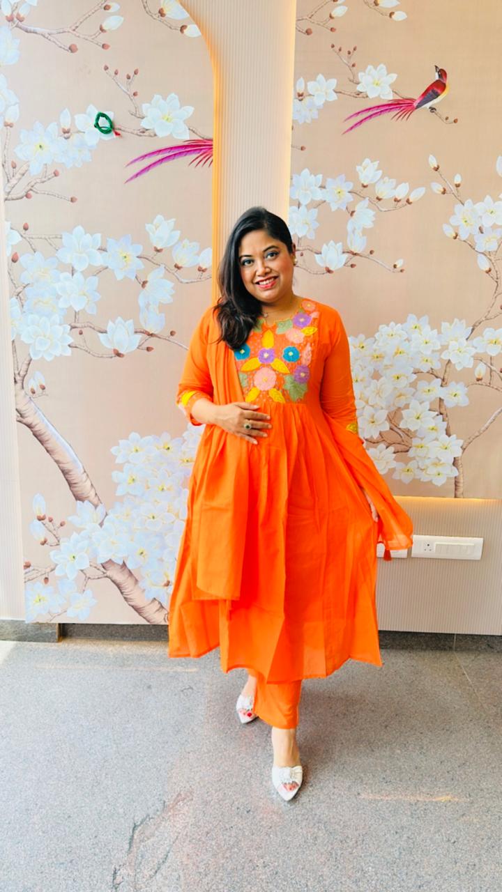 Appliqué work & lining Mul Chanderi suit set in orange