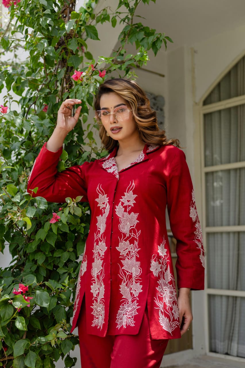 Premium cotton blazer style embroidered co ord in red