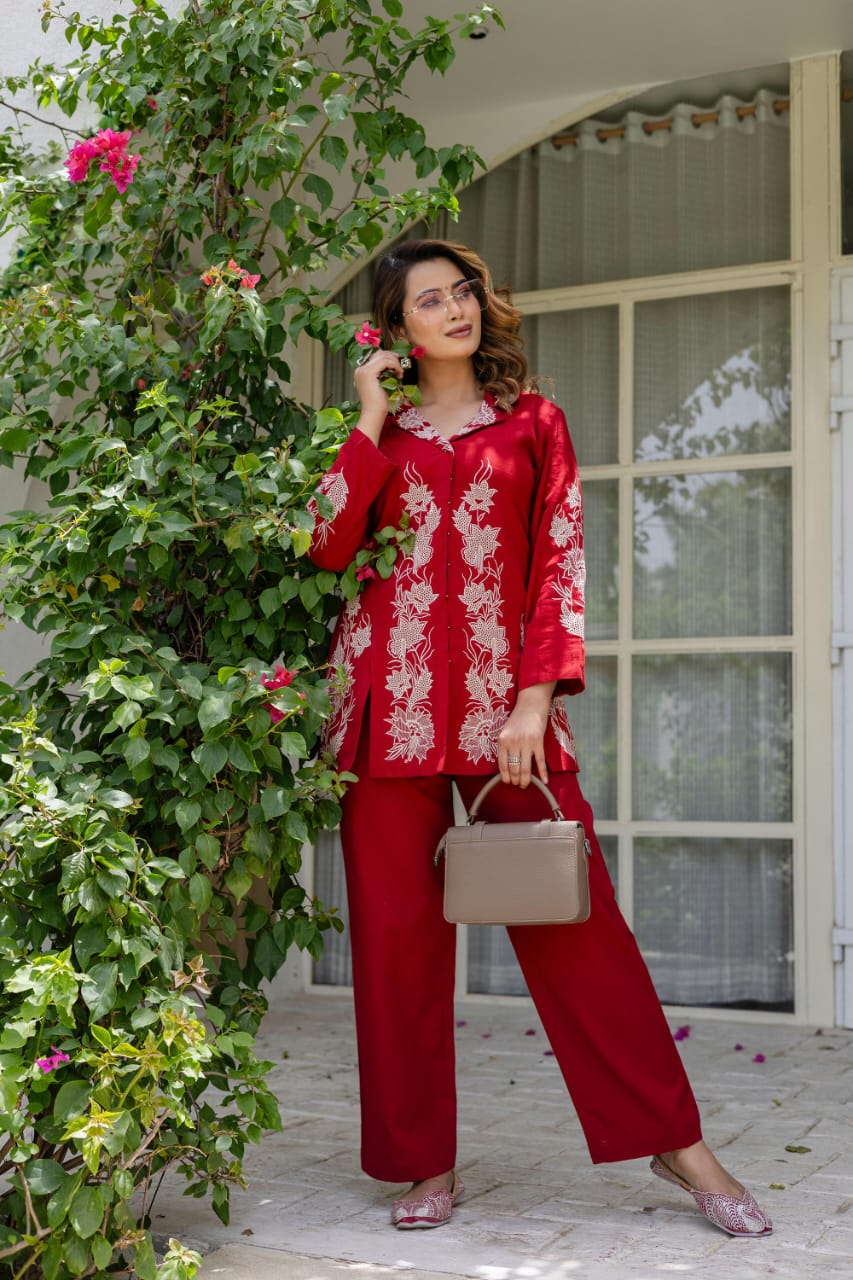 Premium cotton blazer style embroidered co ord in red
