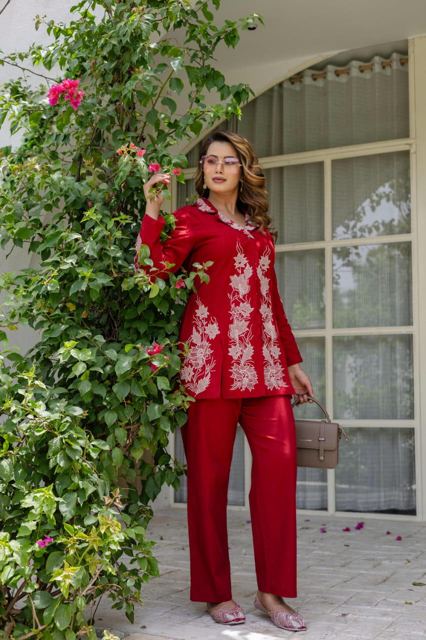Premium cotton blazer style embroidered co ord in red