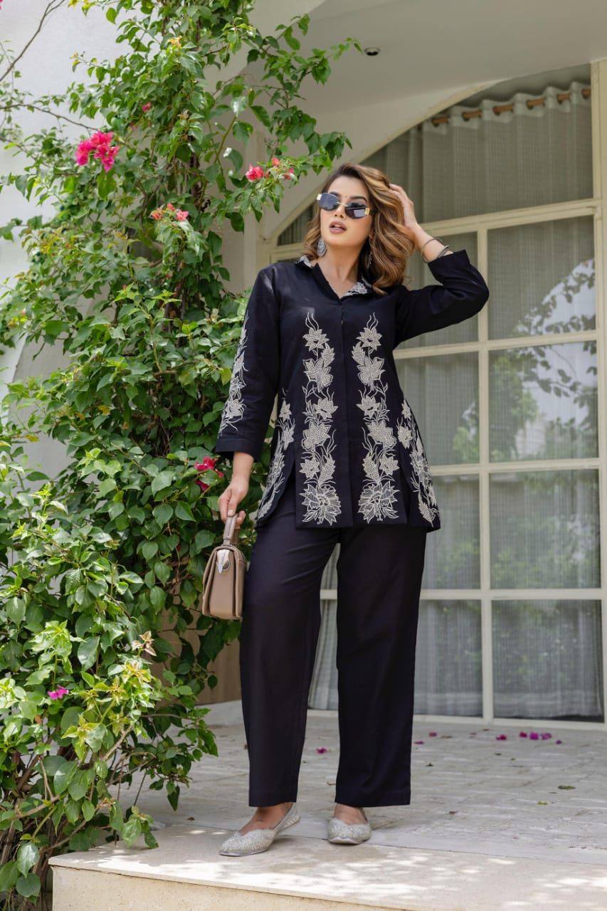 Premium cotton blazer style embroidered co ord in black