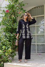 Premium cotton blazer style embroidered co ord in black