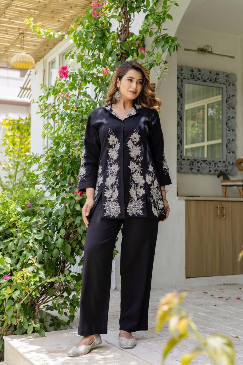 Premium cotton blazer style embroidered co ord in black