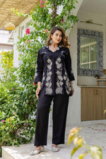 Premium cotton blazer style embroidered co ord in black