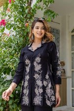 Premium cotton blazer style embroidered co ord in black