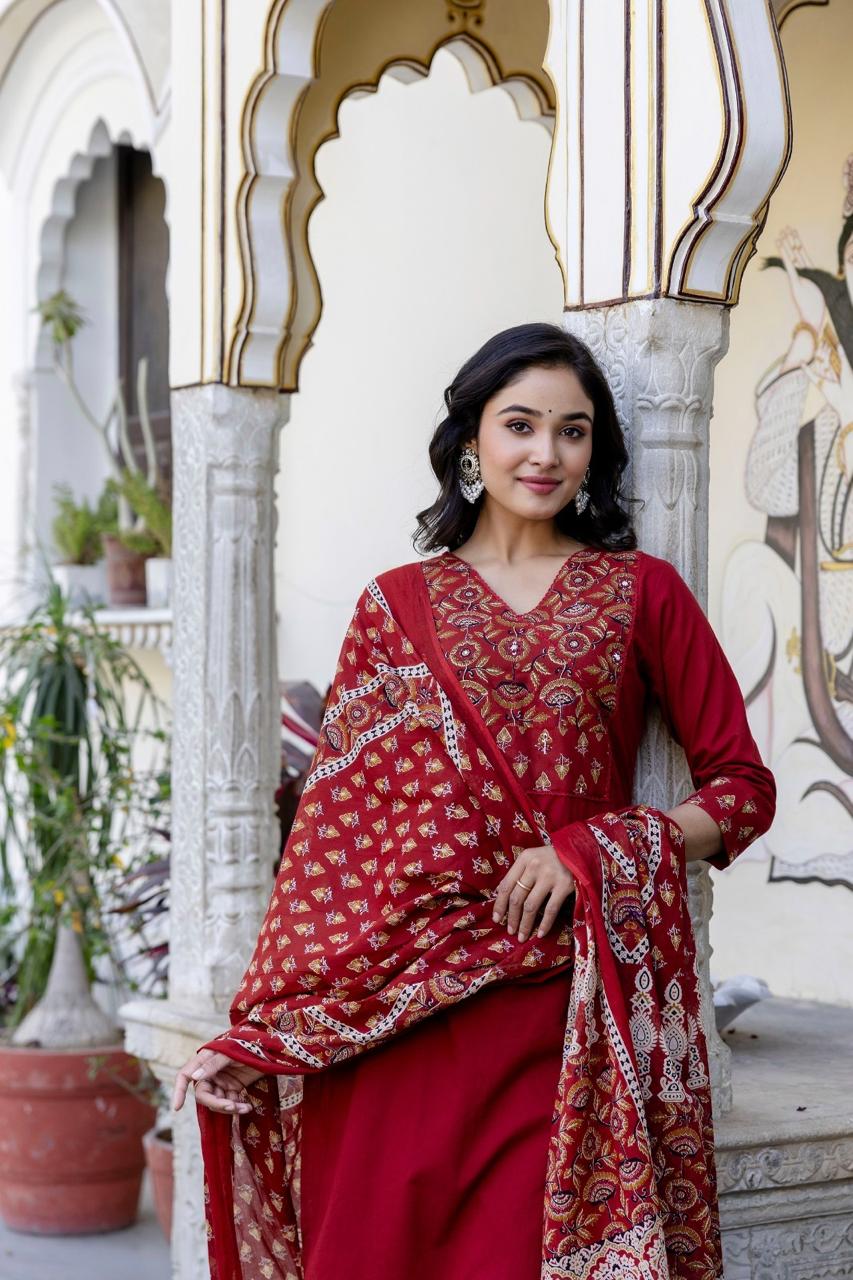 Ajrakh cotton full suit set in red