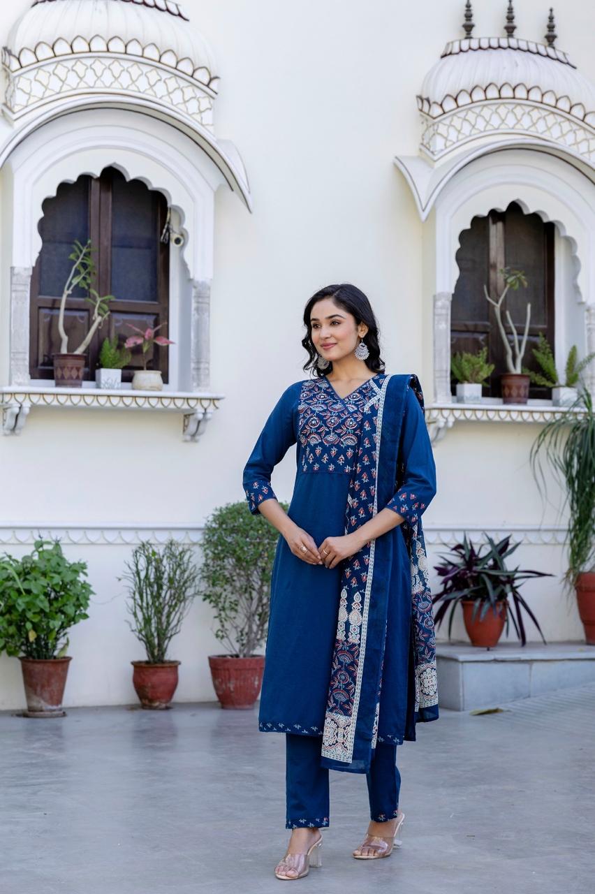 Ajrakh cotton full suit set in blue