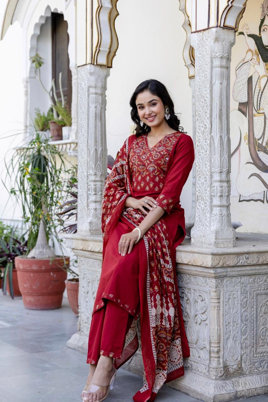 Ajrakh cotton full suit set in red