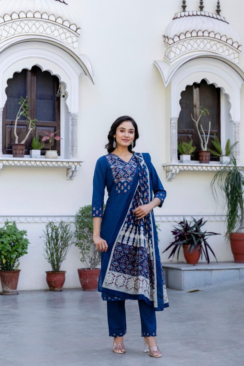 Ajrakh cotton full suit set in blue