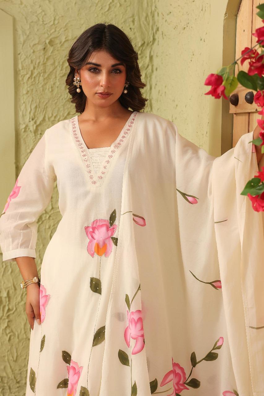 Beautiful ivory Mul Chanderi suit set