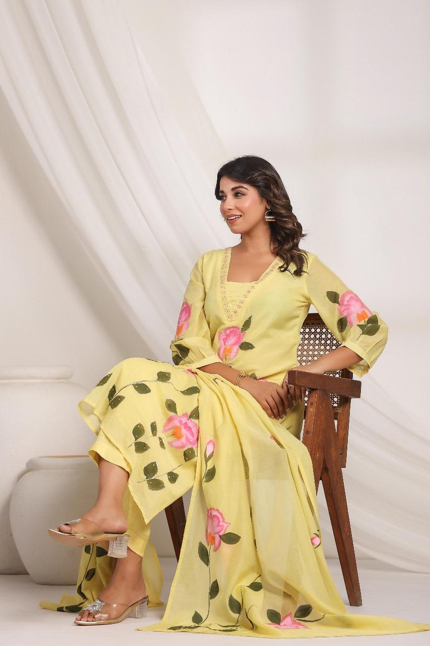 Beautiful yellow Mul Chanderi suit set