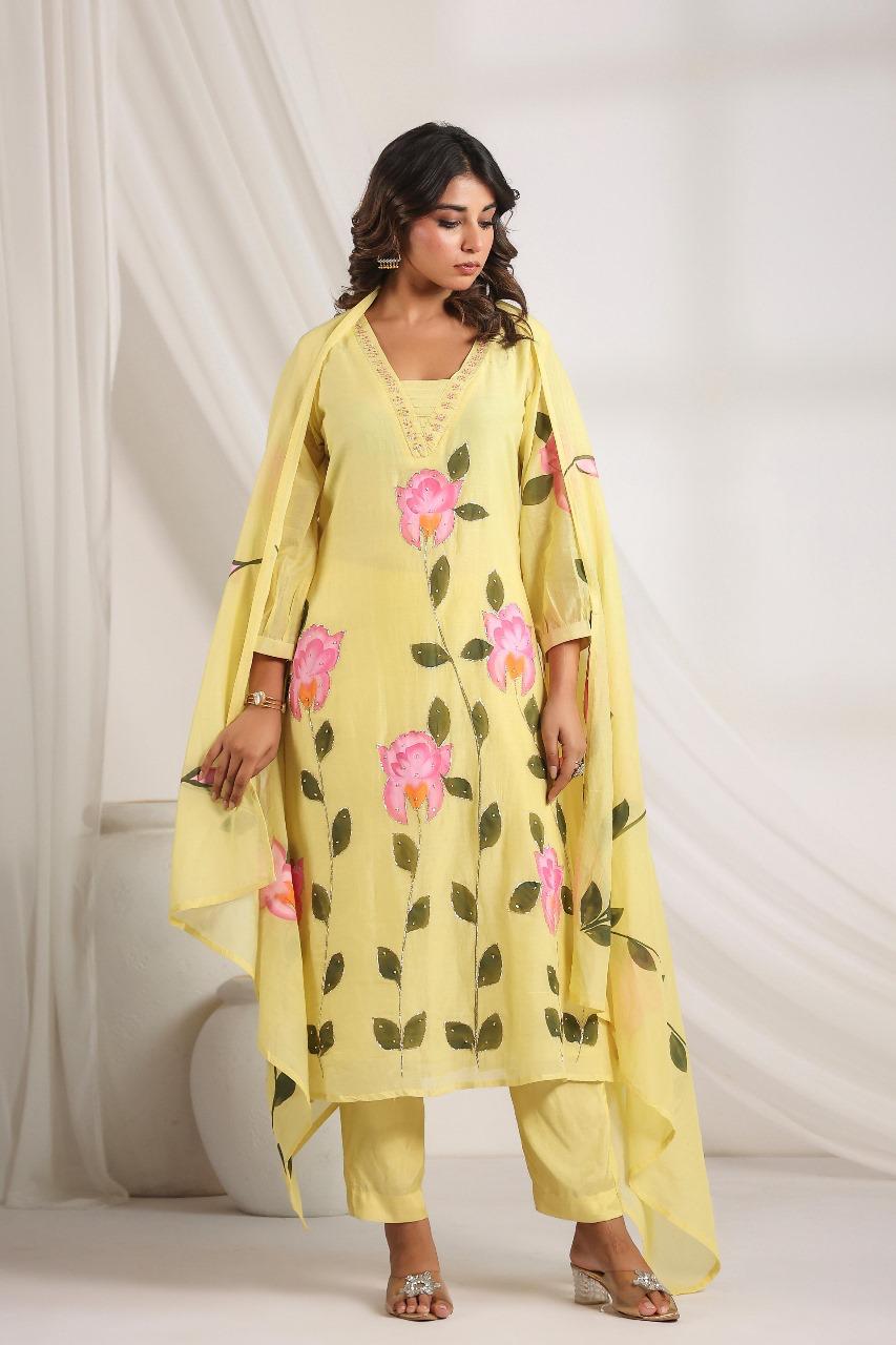 Beautiful yellow Mul Chanderi suit set
