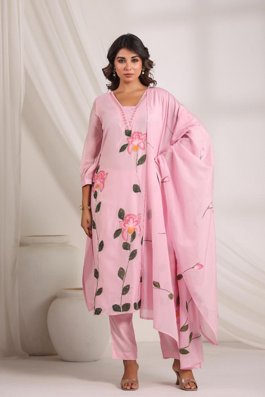 Beautiful pink Mul Chanderi suit set