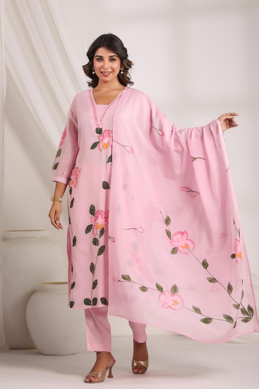 Beautiful pink Mul Chanderi suit set