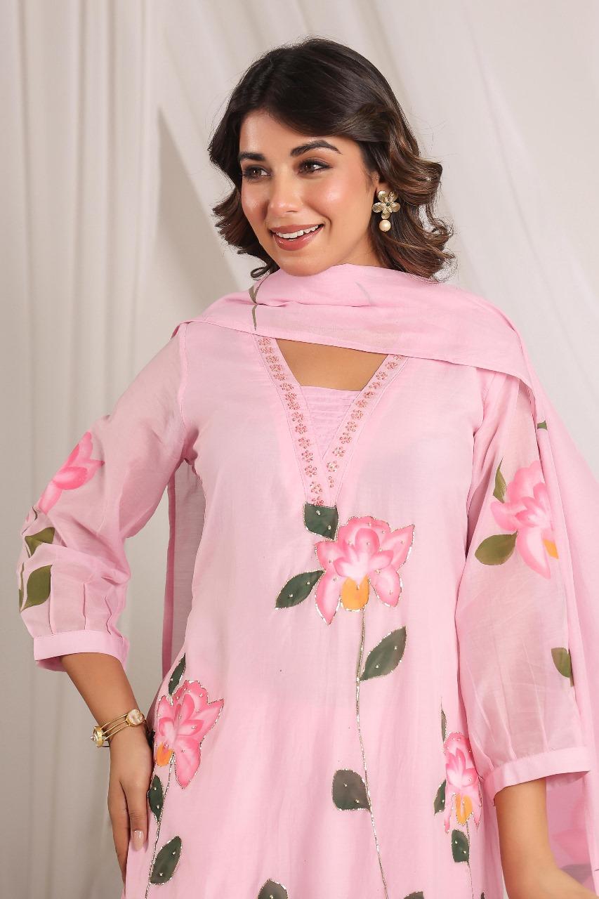 Beautiful pink Mul Chanderi suit set