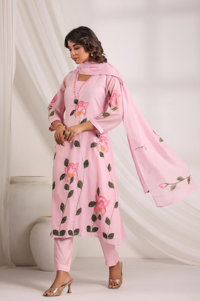 Beautiful pink Mul Chanderi suit set