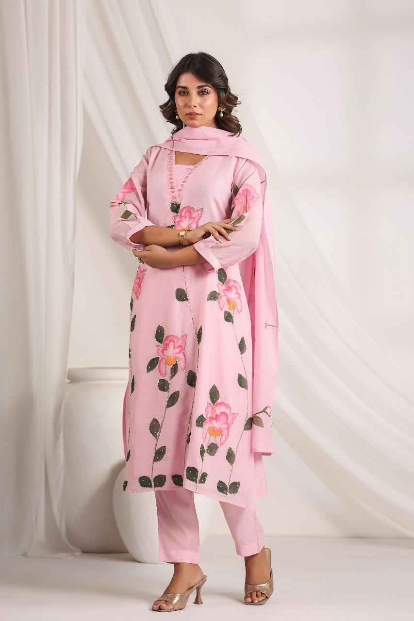 Beautiful pink Mul Chanderi suit set