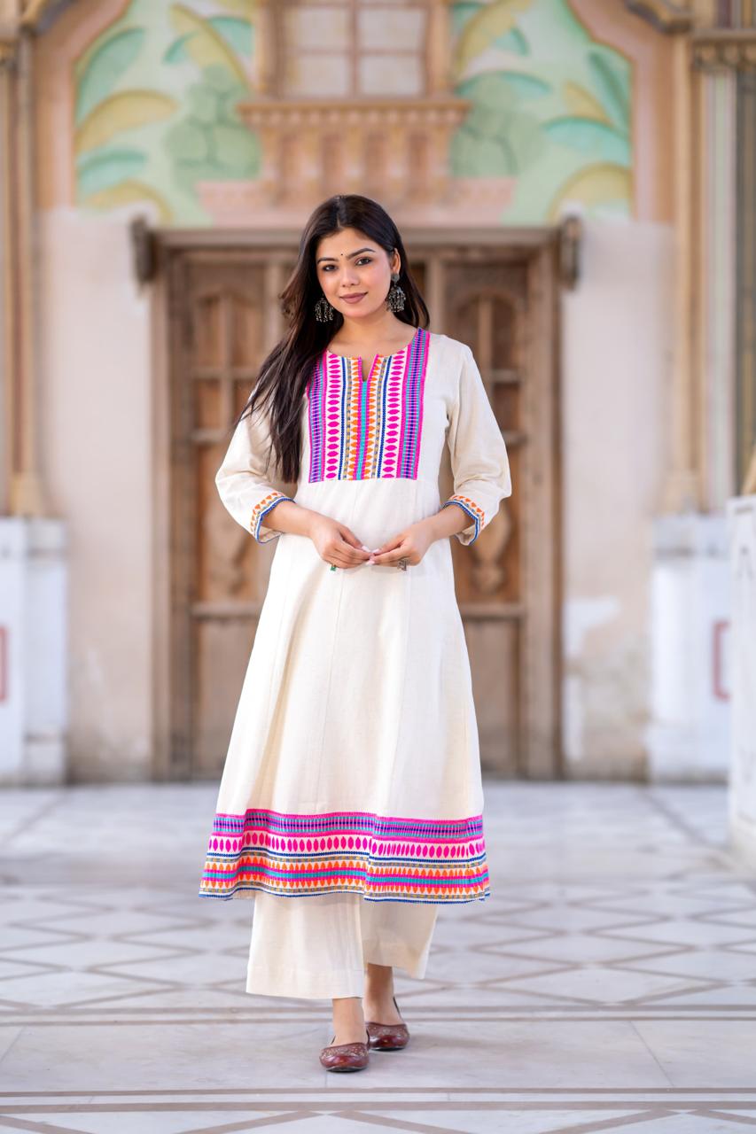 Celebrity inspired fully embroidered cotton kurta pant