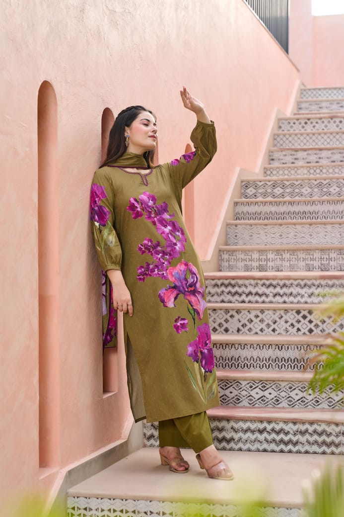 Restocked! Pure cotton digital printed in olive green full suit set