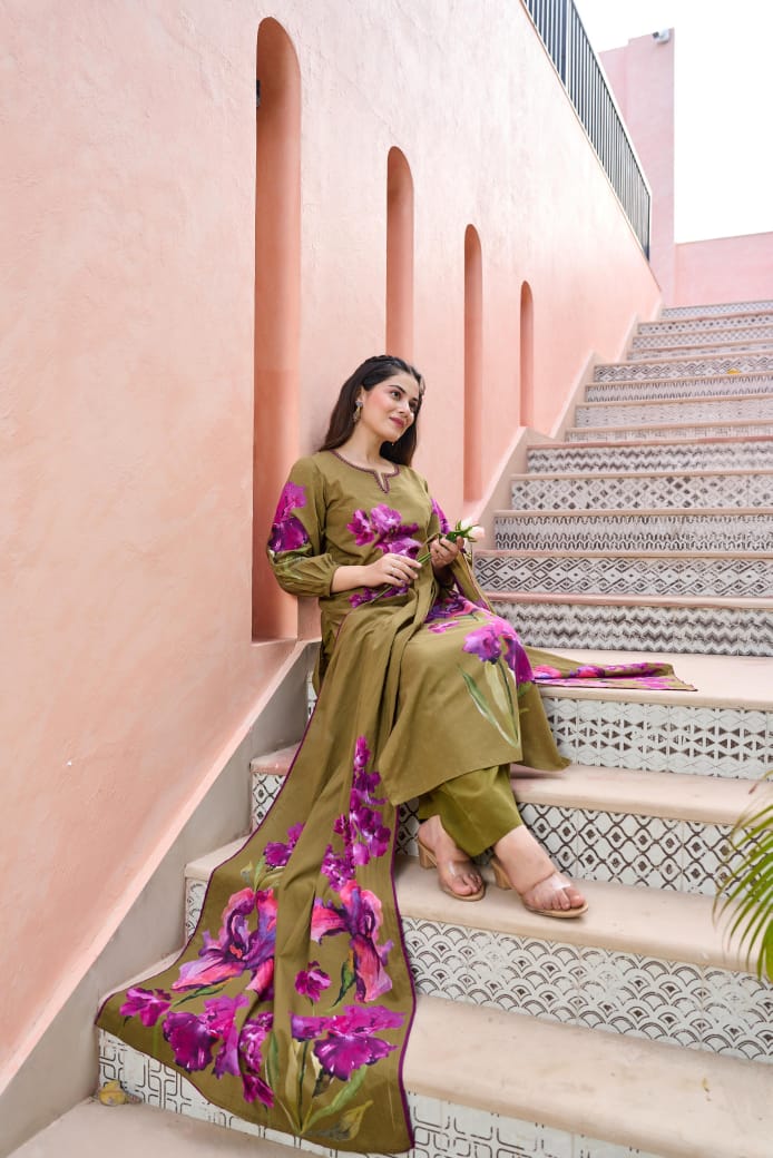 Restocked! Pure cotton digital printed in olive green full suit set