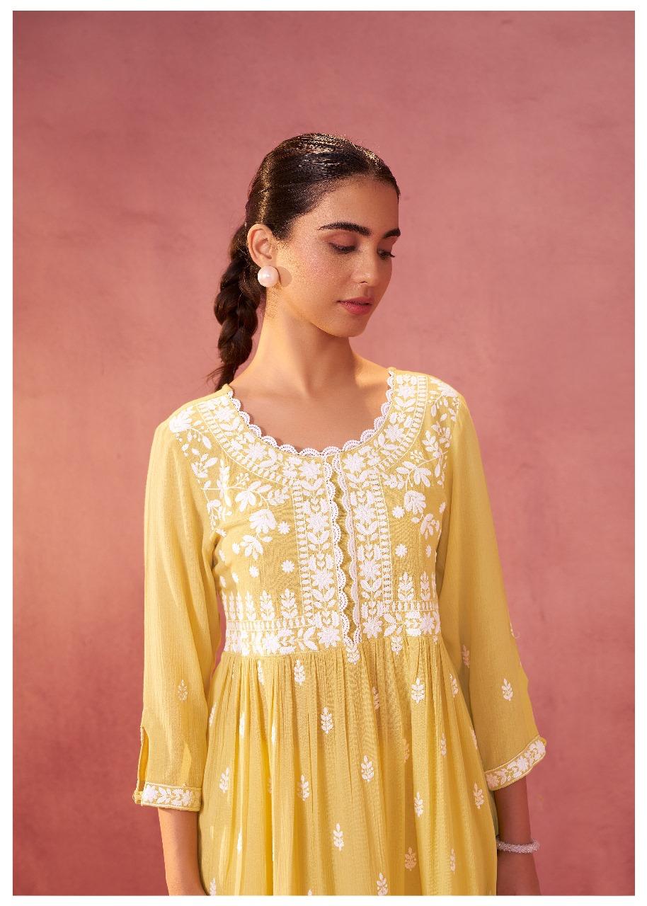 Chikankari lining cotton kurta pant in yellow