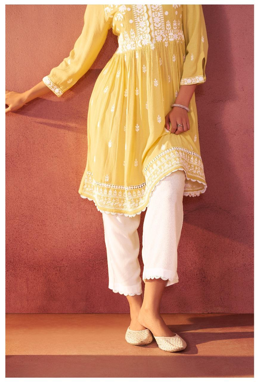 Chikankari lining cotton kurta pant in yellow