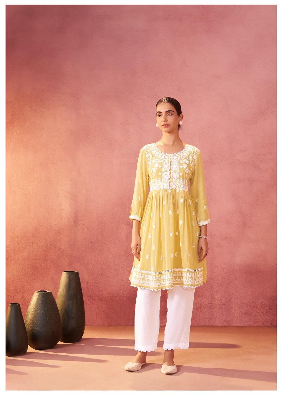 Chikankari lining cotton kurta pant in yellow