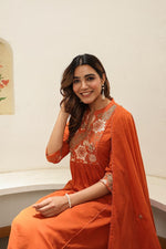 Pure Mul cotton in rust embroidered suit set with designer pocket