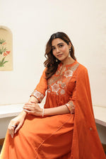 Pure Mul cotton in rust embroidered suit set with designer pocket