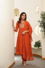 Pure Mul cotton in rust embroidered suit set with designer pocket