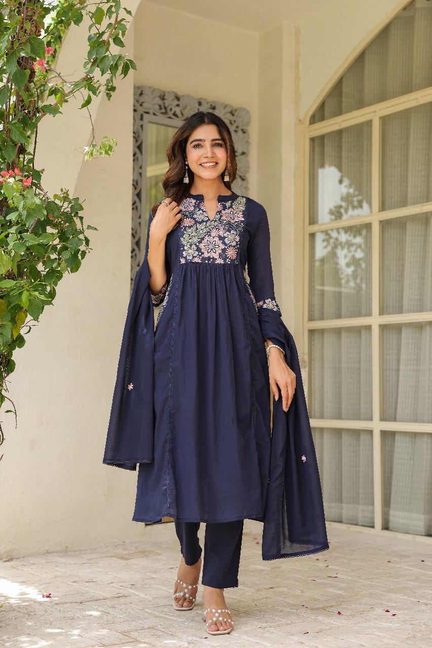 Pure Mul cotton in blue embroidered suit set with designer pocket
