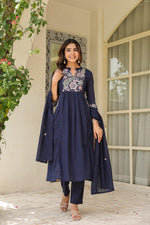 Pure Mul cotton in blue embroidered suit set with designer pocket