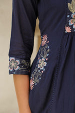 Pure Mul cotton in blue embroidered suit set with designer pocket