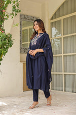 Pure Mul cotton in blue embroidered suit set with designer pocket
