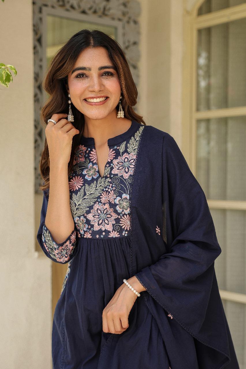 Pure Mul cotton in blue embroidered suit set with designer pocket